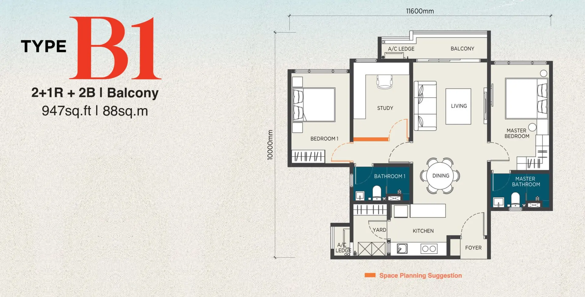 The Capehauz floor plan, Type B1 / B1a, 947 sq ft