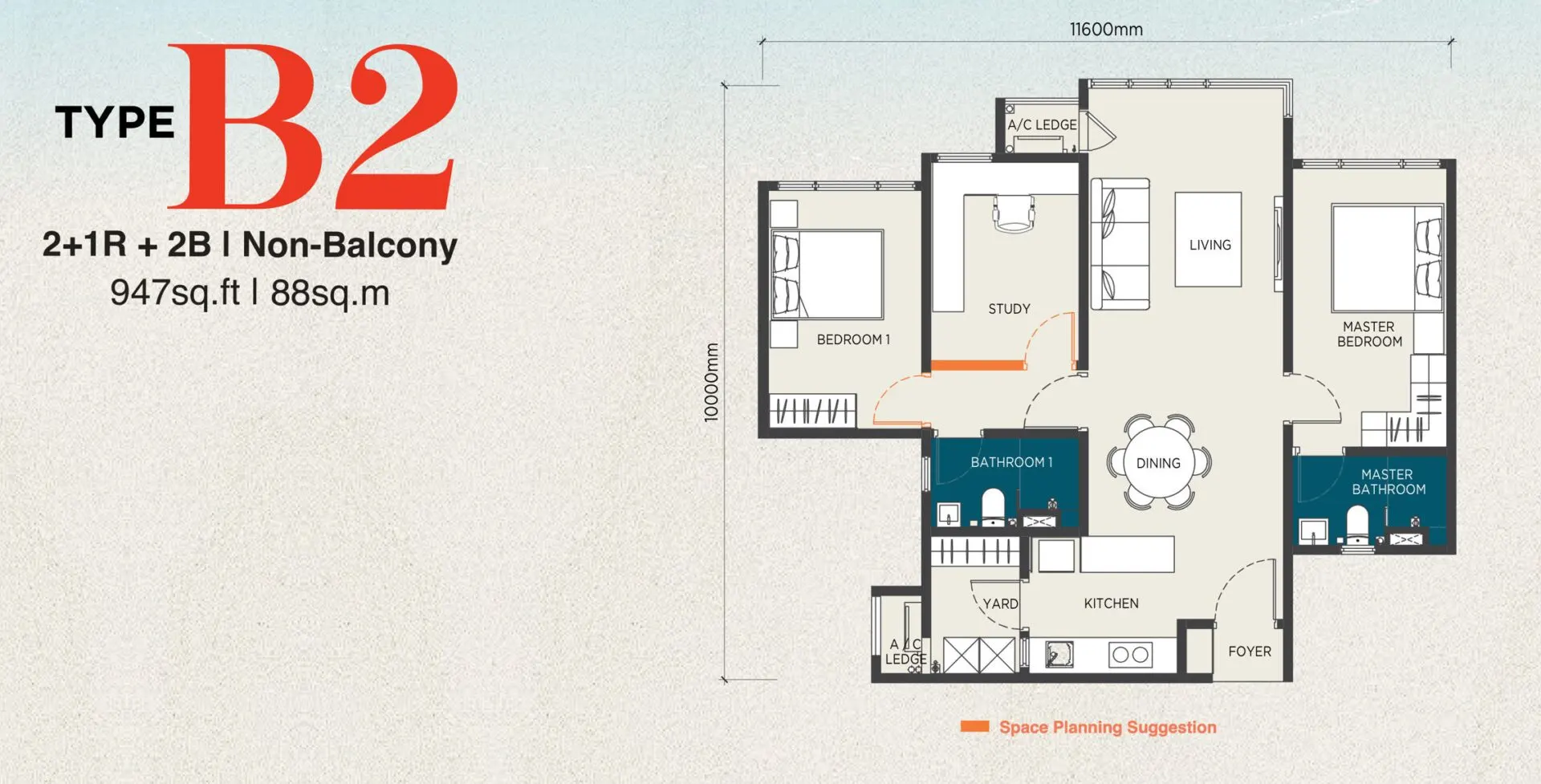 The Capehauz floor plan, Type B2 / B2a, 947 sq ft