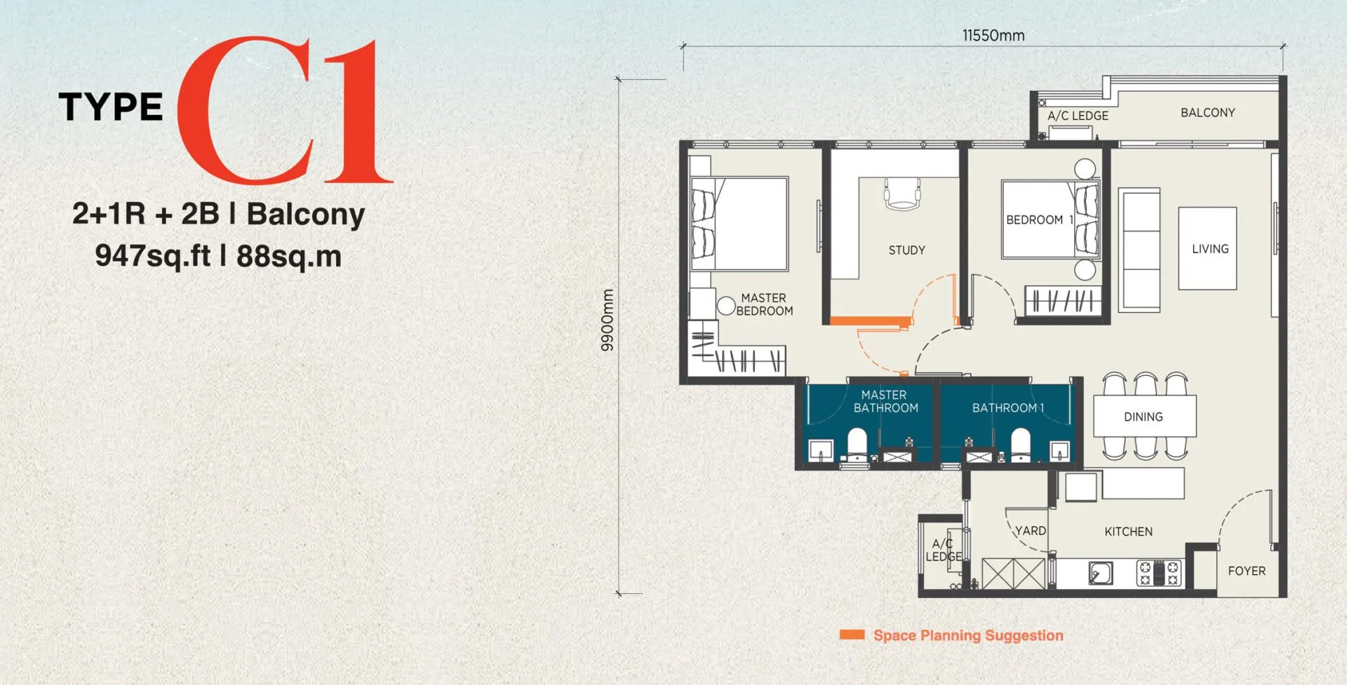 The Capehauz floor plan, Type C1 / C1(M), 947 sq ft