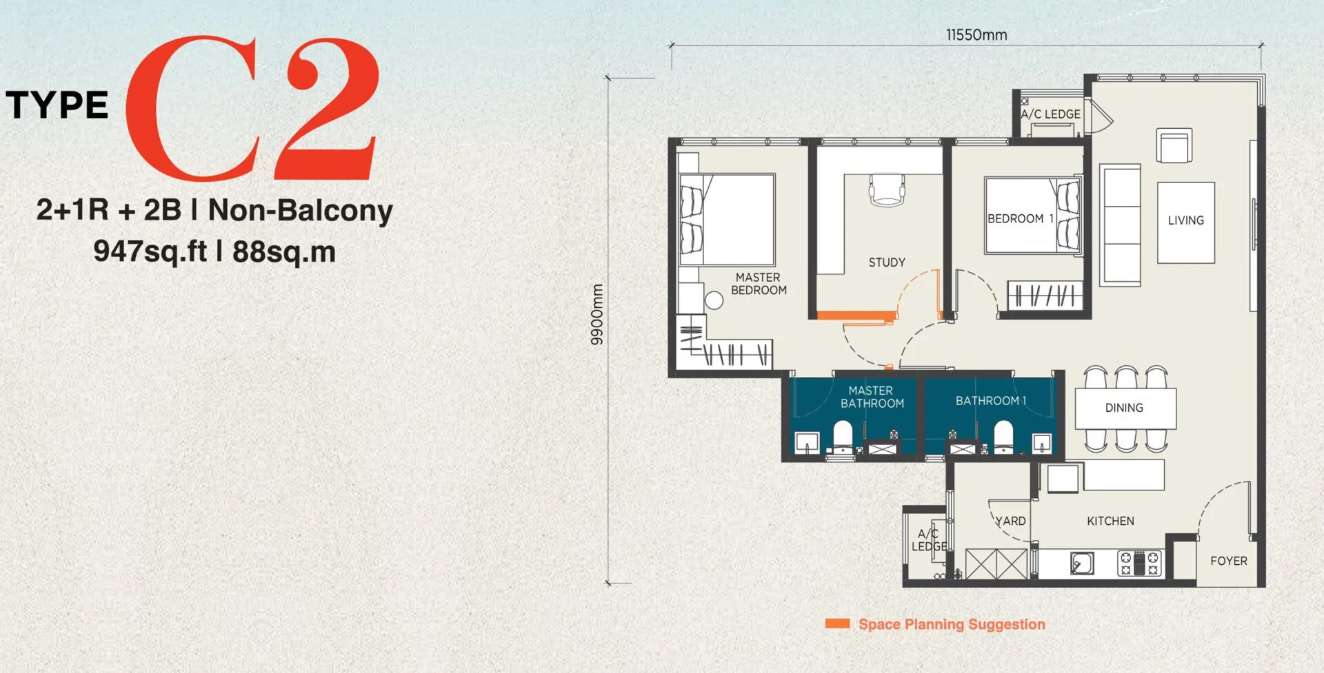 The Capehauz floor plan, Type C2 / C2(M), 947 sq ft