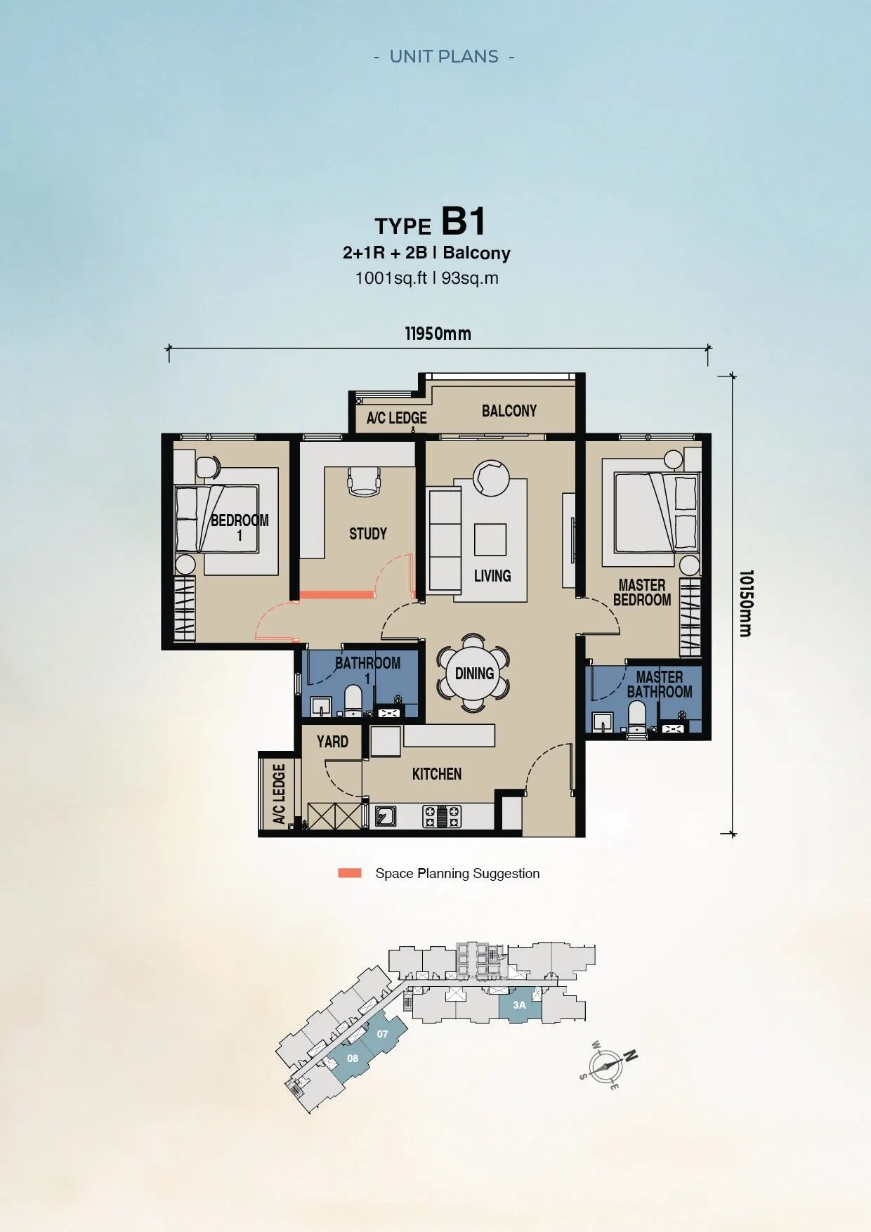 The Lighthauz floor plan, Type B1, 1,001 sq ft