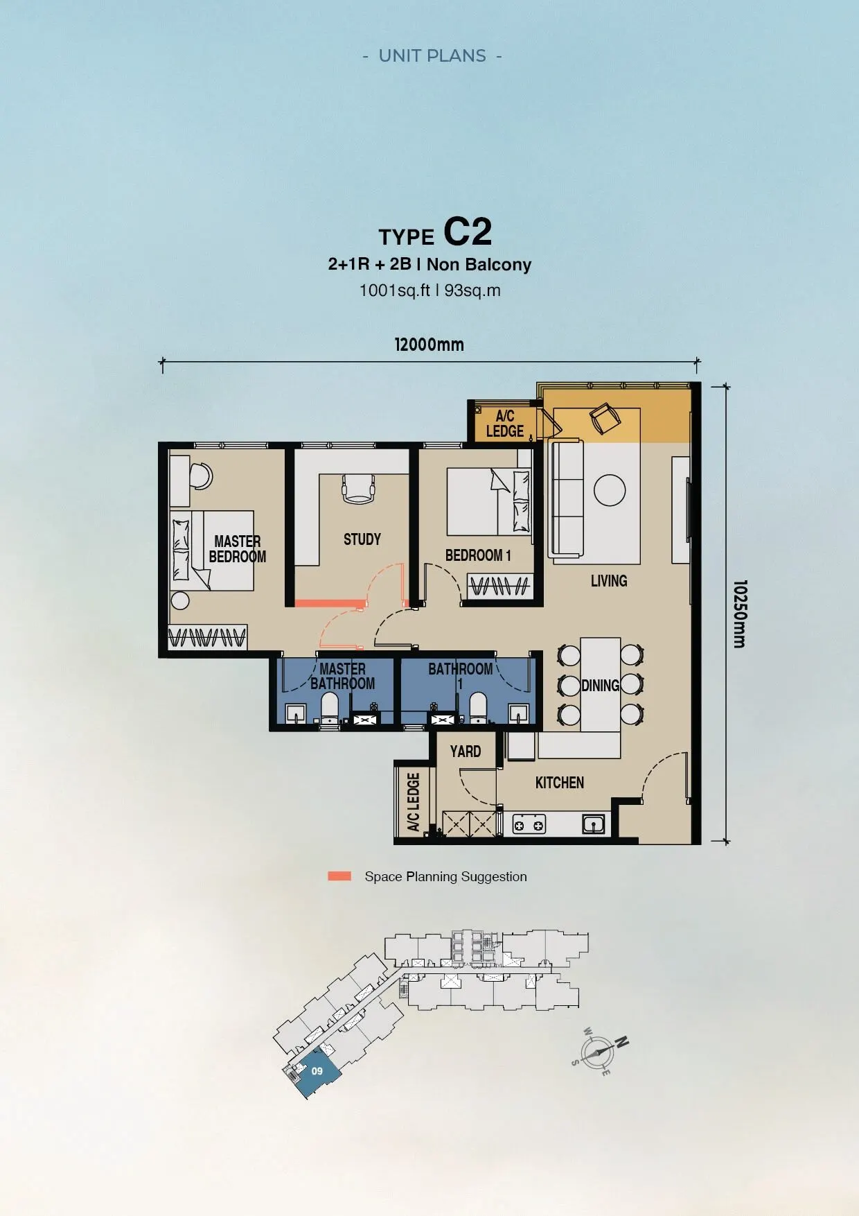The Lighthauz floor plan, Type C2, 1,001 sq ft