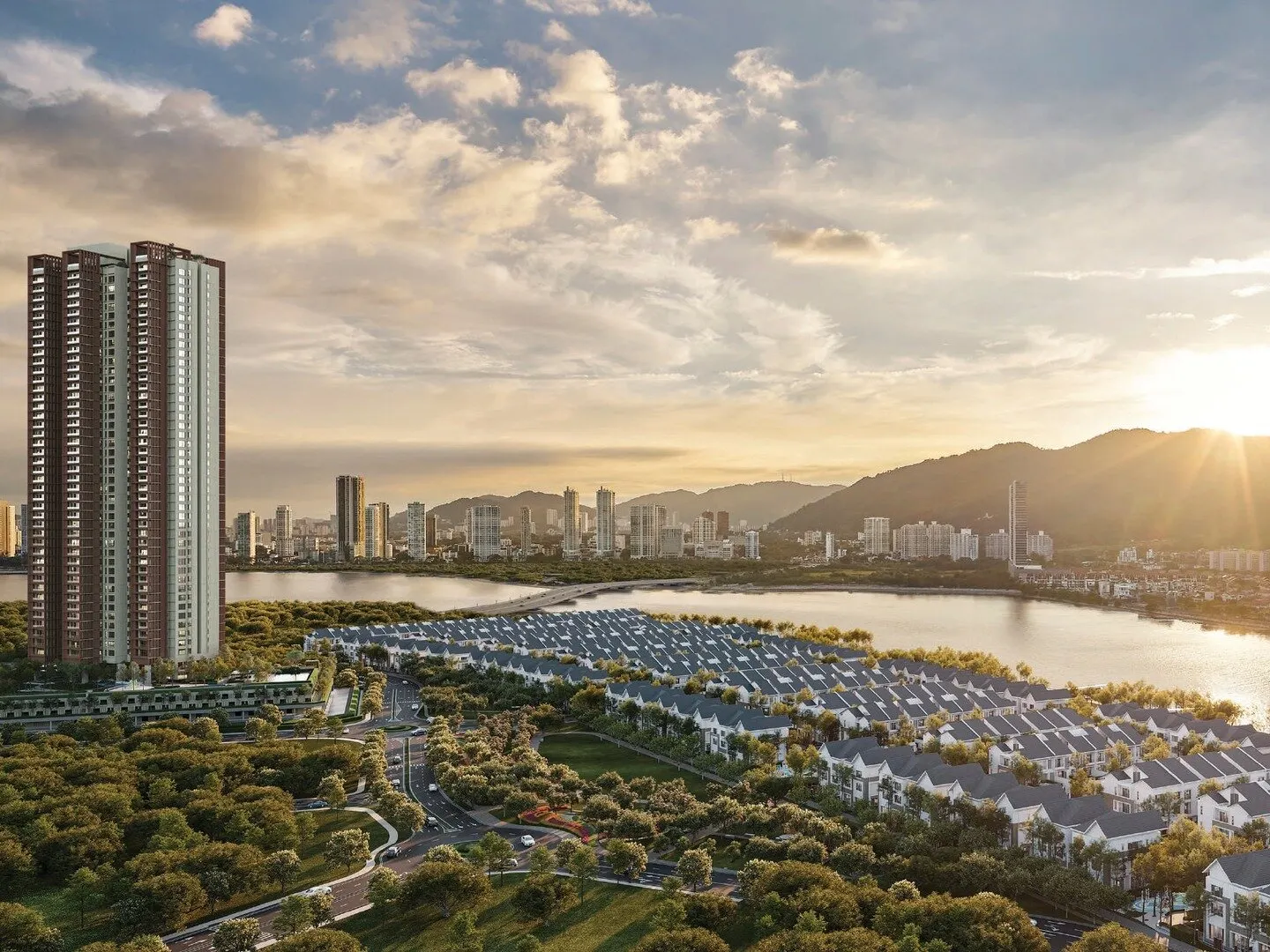 The Lume tower and Andaman Island from the air at sunset, artist's impression