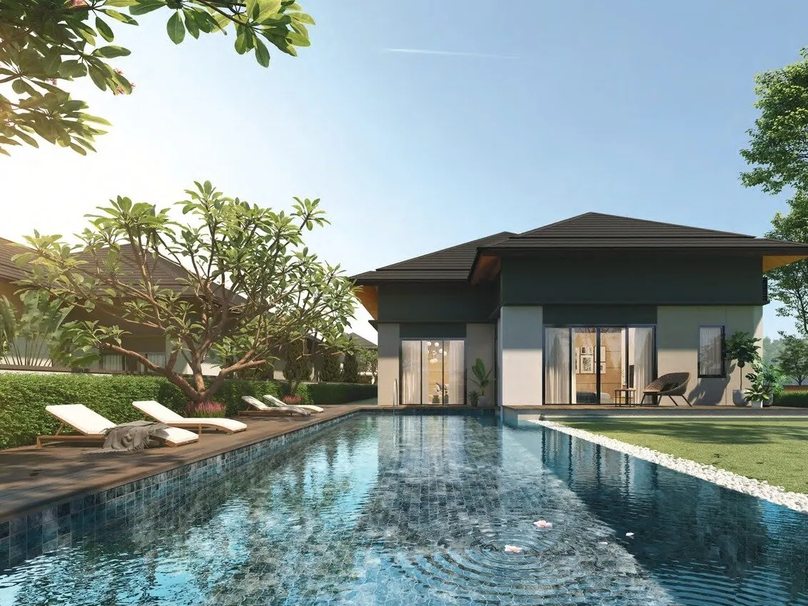 The Walden 2 single-storey bungalow beside a lap pool, artist's impression