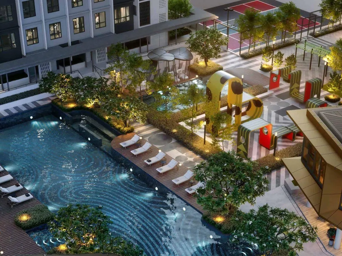 Trybe Residences facility podium and pool at night, artist's impression