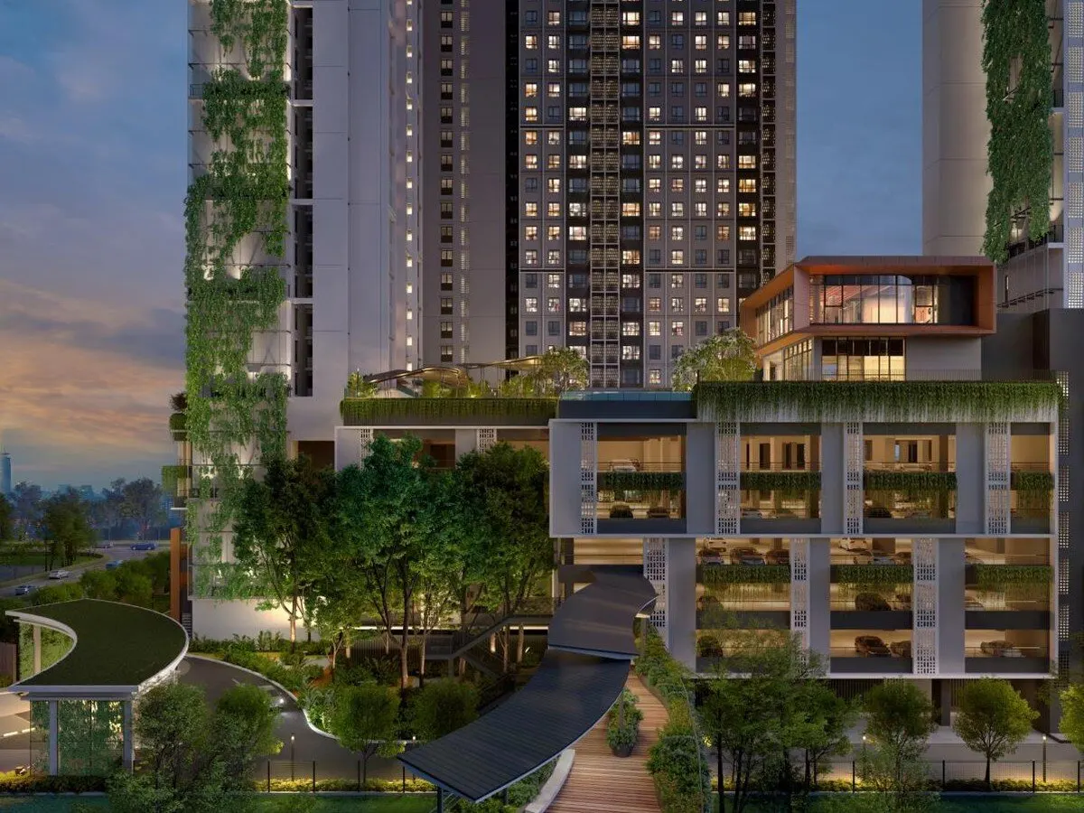 Trybe Residences podium walkway at night, artist's impression
